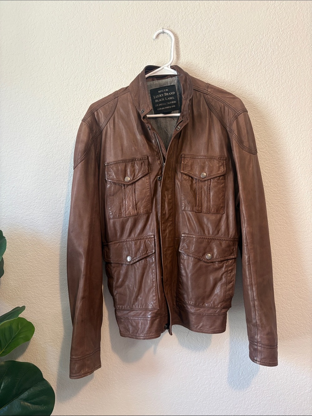 Lucky Brand Brown Leather Field-Style Bomber Jacket size small
